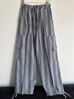 Peru/Ecuador Handmade Cotton Gray‎ Blue Unisex Boho Striped Pants Joggers Large